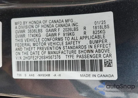 2025 Honda Civic Lx z USA, uszkodzony, nr VIN 2HGFE2F26SH567376